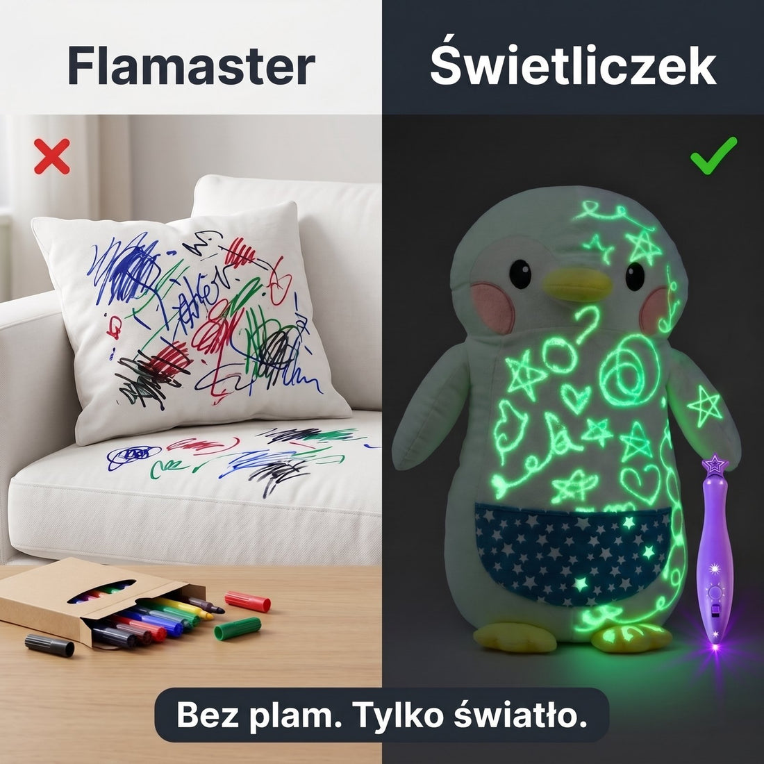 Poduszka pomazana flamastrem obok czystego, świecącego pluszaka